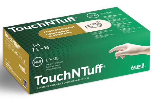 手袋 天然ゴムラテックスグローブ パウダーフリー TouchNTuff 69-318 XS(5.5 - 6)