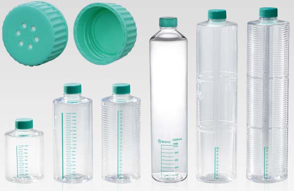 ローラーボトル 2000mL 波状タイプ ベントフィルターキャップ(イージーグリップ) 接着細胞用